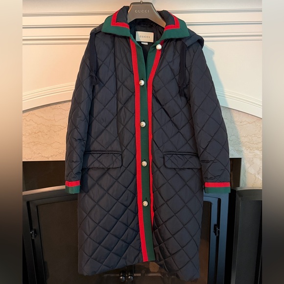 Gucci GG Web Quilted Pearl Logo Button Coat w Hood optional - Picture 2 of 6